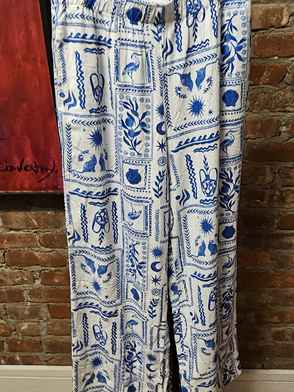 Sincerely Jules Blue and White Linen Rayon  Wide-Leg Printed Pants